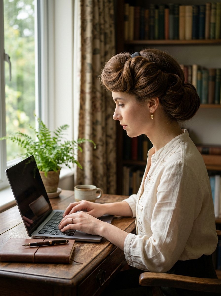 A woman with an elaborate updo sitting at a wooden desk by a window using a grey laptop.