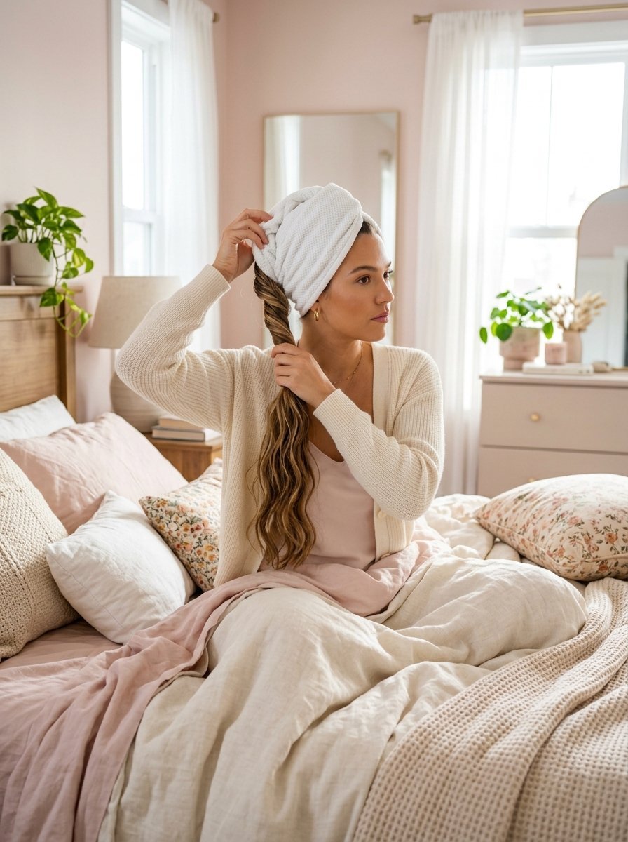 A person sitting on a bed wrapping their long hair in a white microfiber towel while wearing a cream sweater.