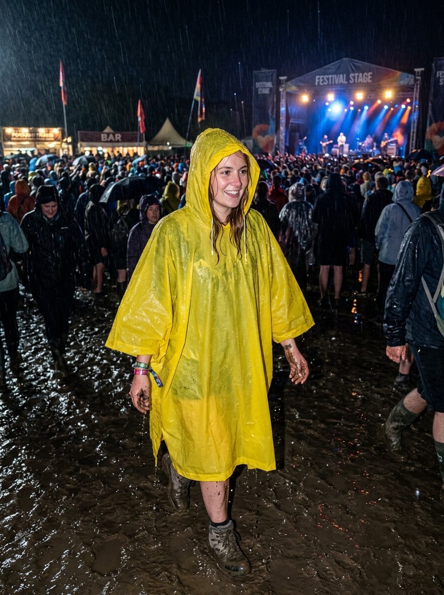 A smiling woman wearing a bright yellow raincoat walks through deep mud at a rainy night outdoor concert.