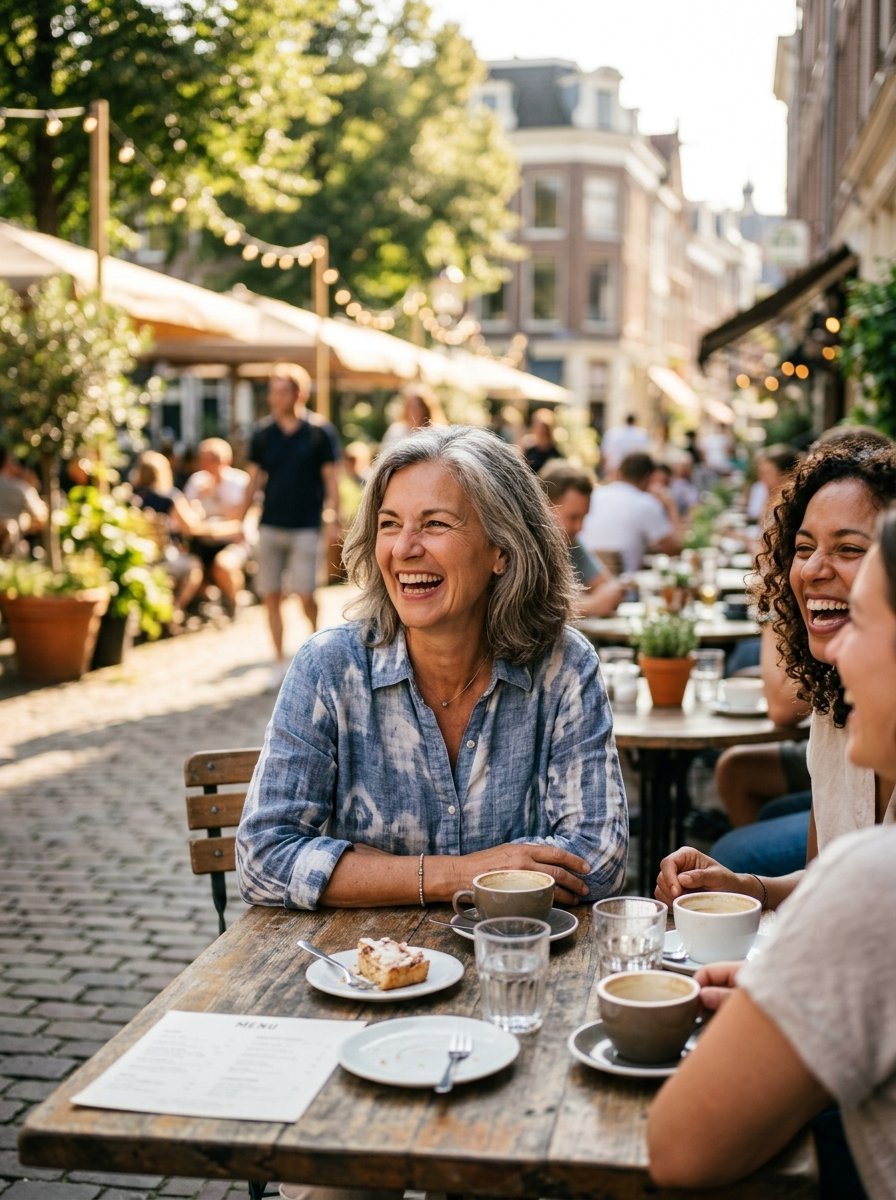 A mature woman with grey hair laughs while sitting at a wooden cafe table with friends on a cobblestone street.