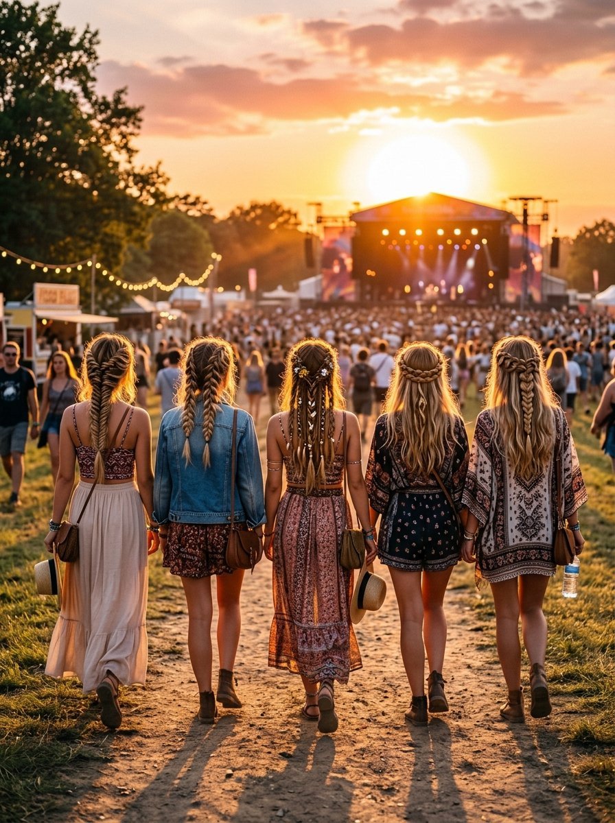 Five women seen from behind walking on a dirt path toward a sunlit outdoor concert stage.