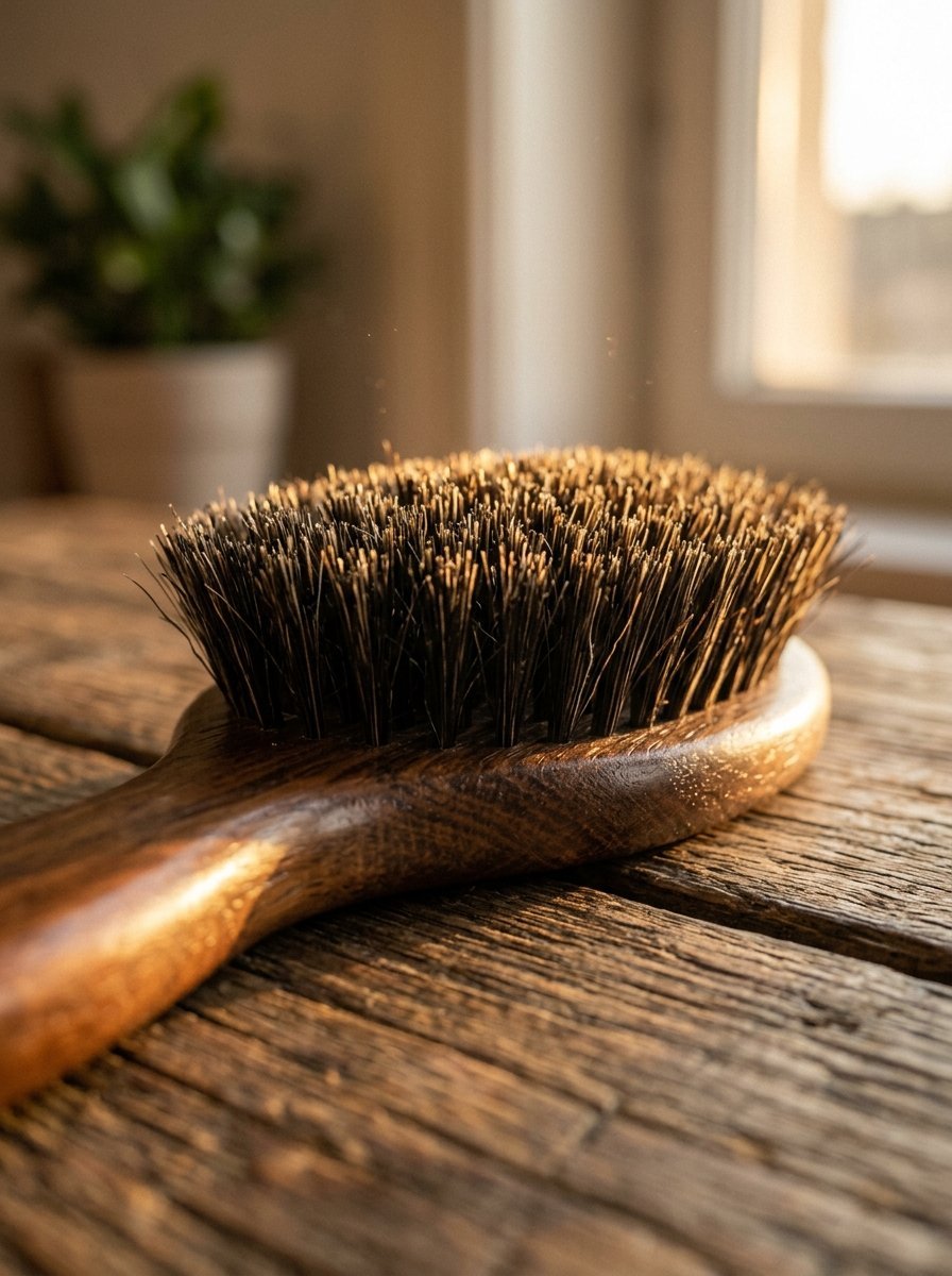 Dark natural wood handle brush with stiff black bristles sitting on a weathered wooden table surface.