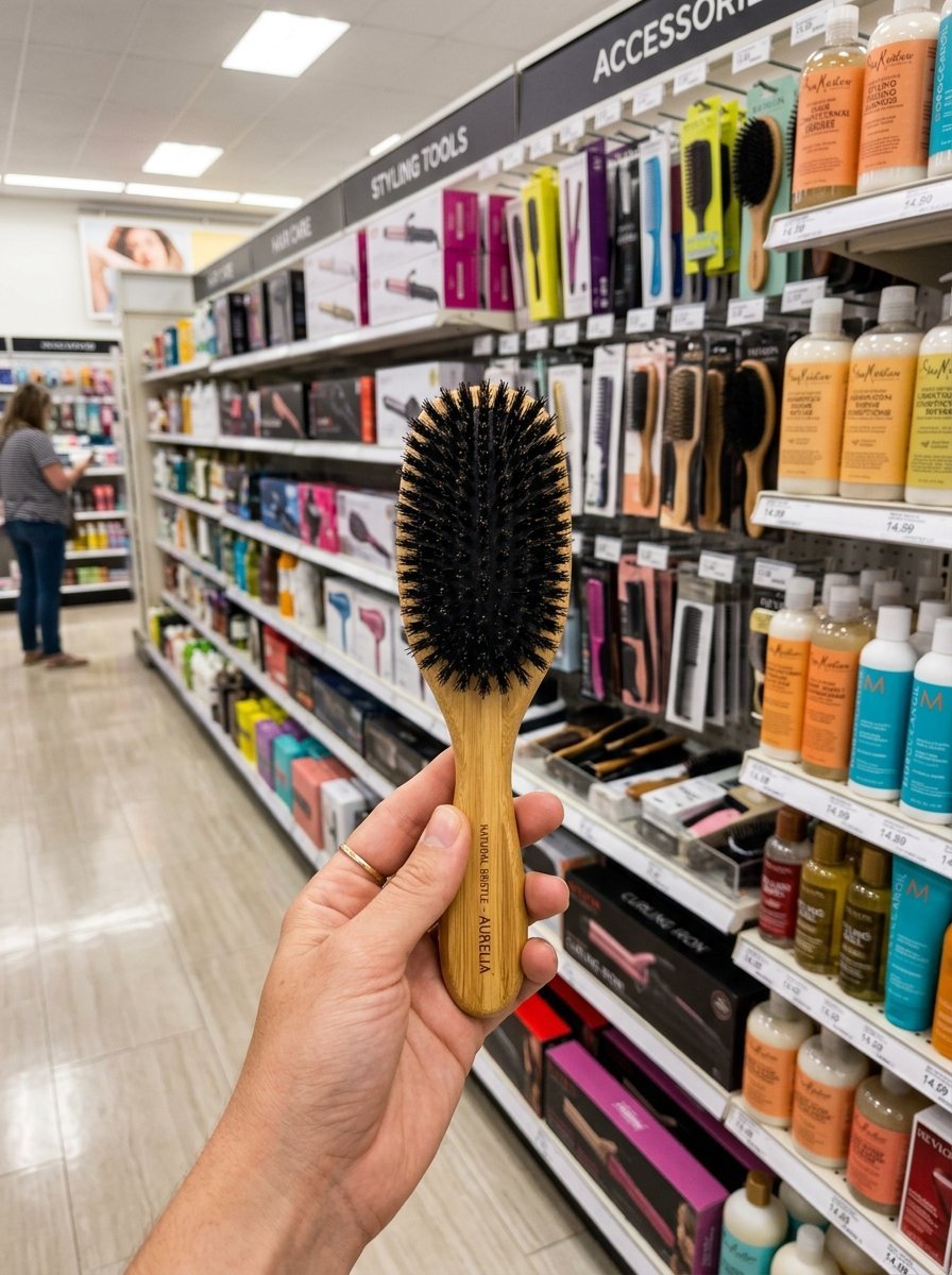 A hand holding an Aurelia wooden hairbrush with black bristles in front of a supermarket beauty aisle shelf.