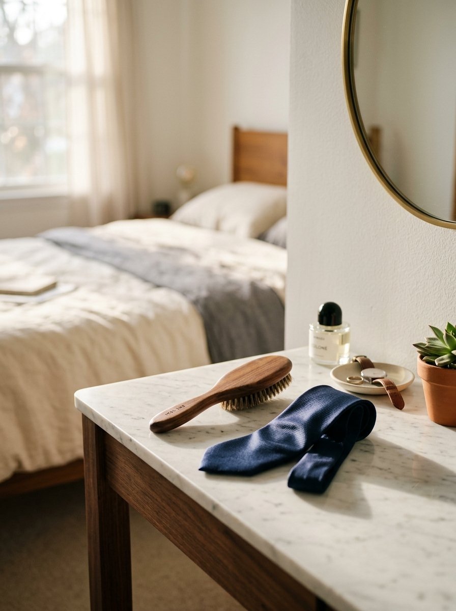 A wooden hairbrush and navy blue tie on a marble desk surface in a bedroom.