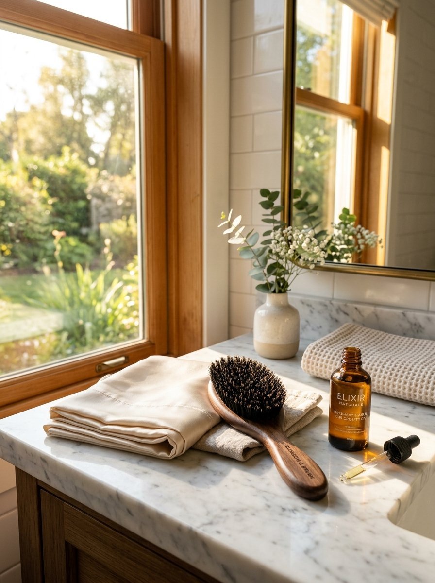 A wooden hair brush and a brown glass bottle of hair oil sit on a white marble countertop near a window.