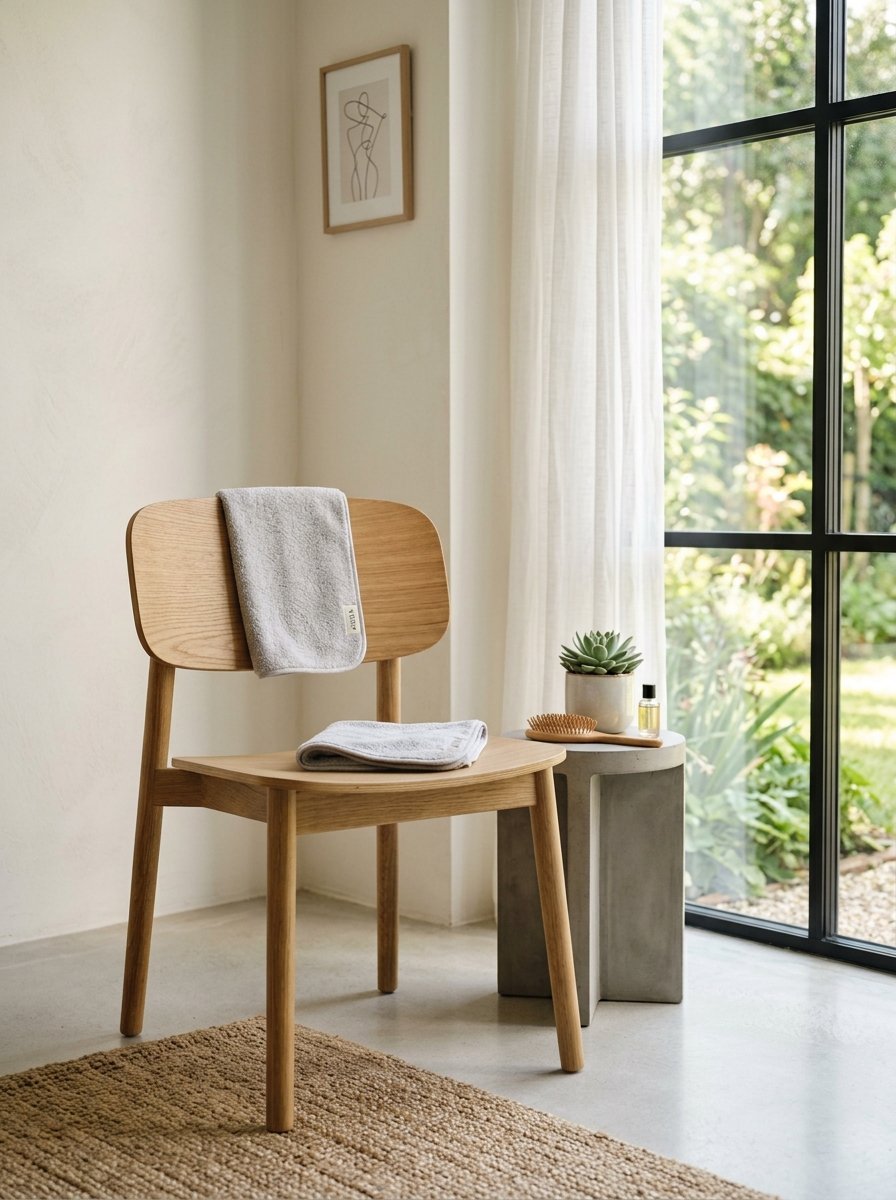 A light wood chair holds two folded grey towels next to a concrete side table with a plant and brush.