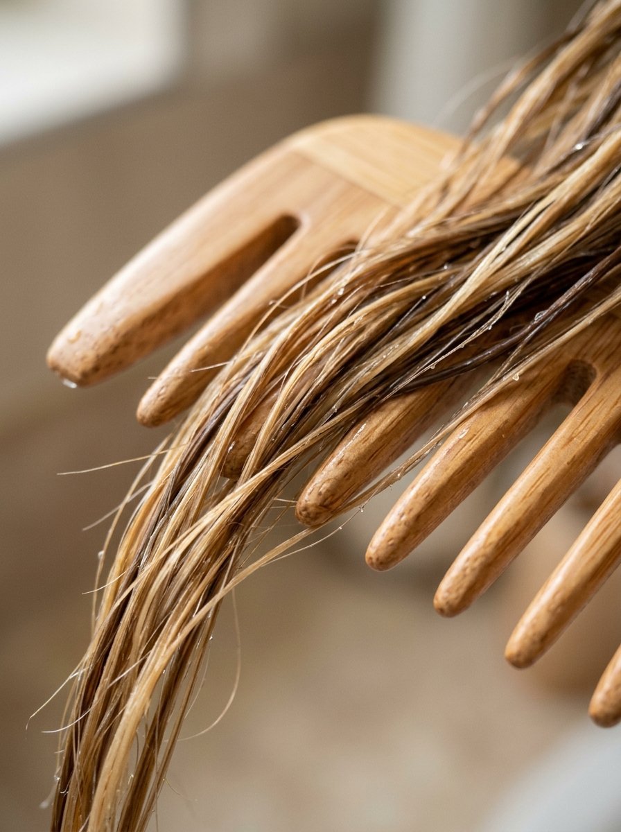 Close up of a wooden hair pick gently combing through damp, highlighted hair strands.