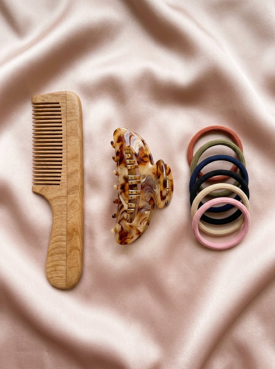 Wooden comb, marbled claw clip, and a stack of six fabric hair ties on a draped light pink satin fabric background.