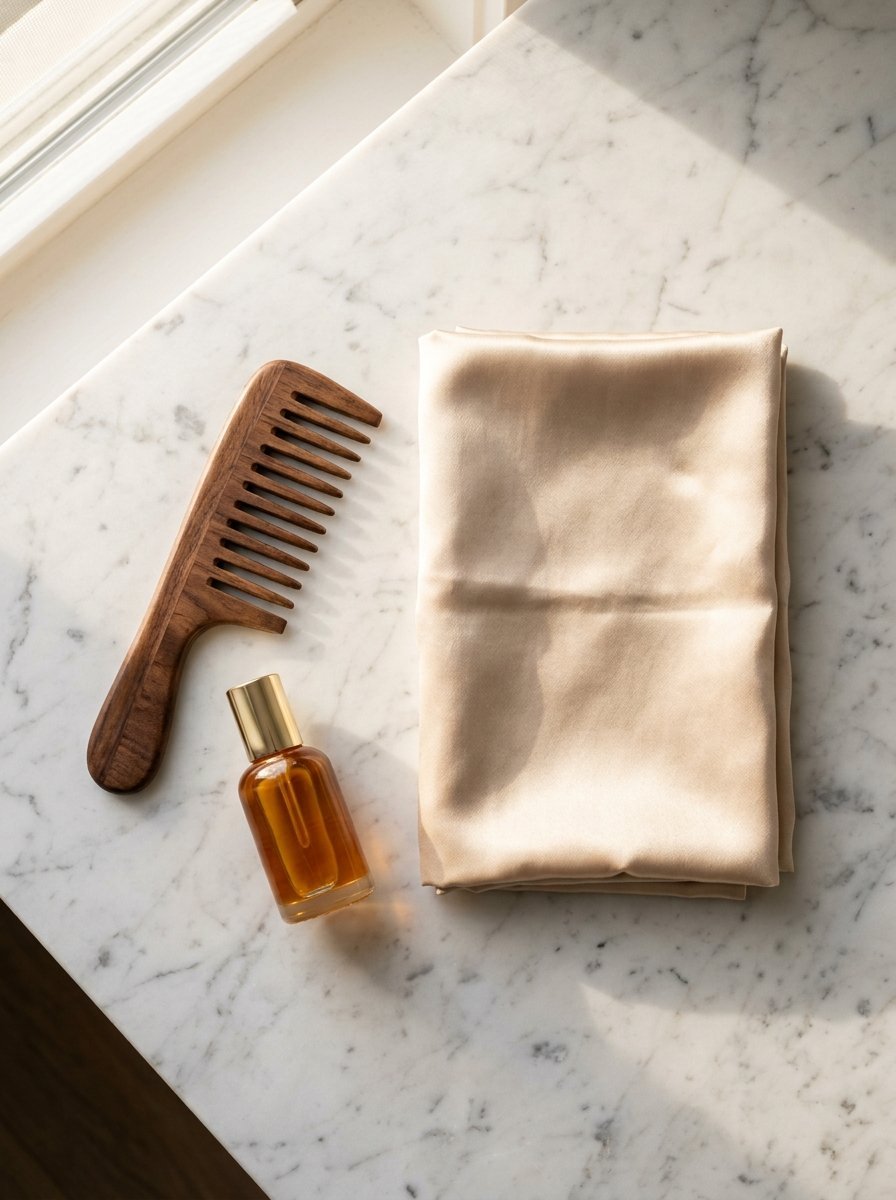 A wide-tooth wooden comb, a glass dropper bottle of oil, and a champagne-colored silk cloth on a marble countertop.