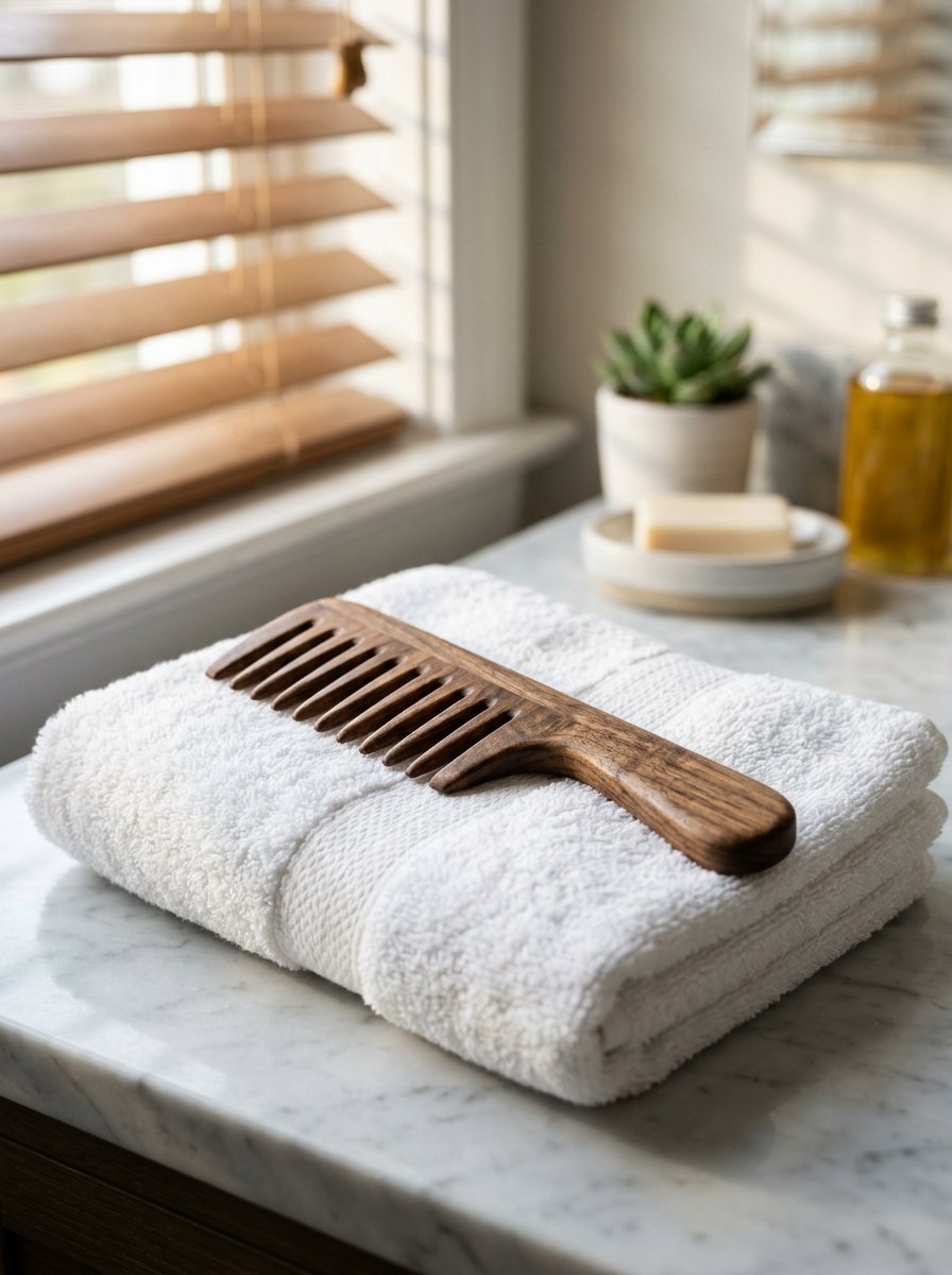 A wide-tooth dark wood hair comb sits on top of a soft white towel placed on a marble vanity counter.