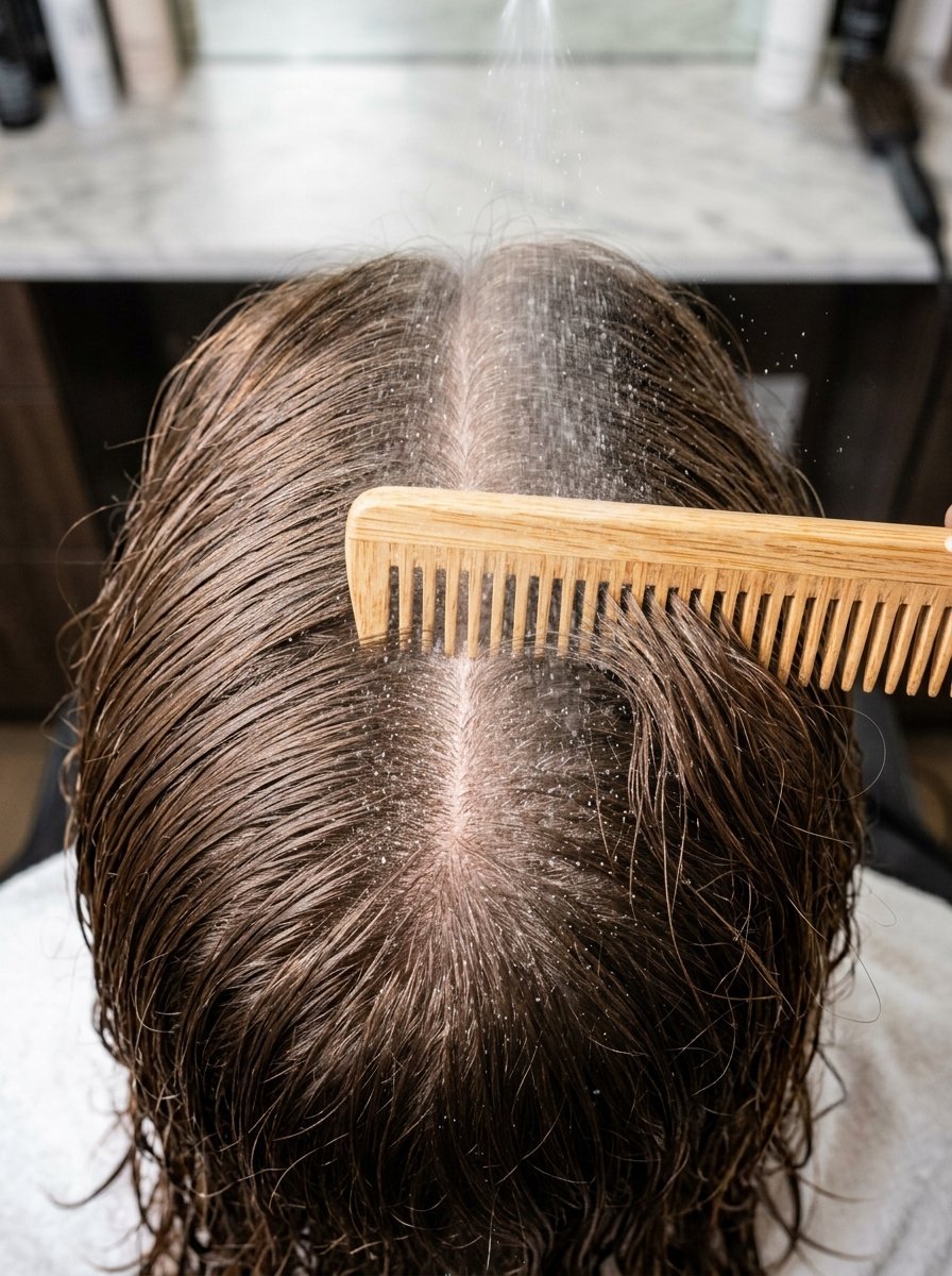 Top-down view of damp brown hair being parted with a wooden comb while hair product is sprayed.