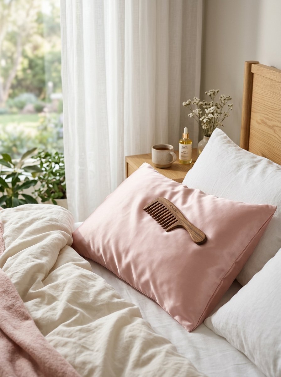 Close up of a polished wood comb lying on a blush-colored satin pillowcase on a made bed.