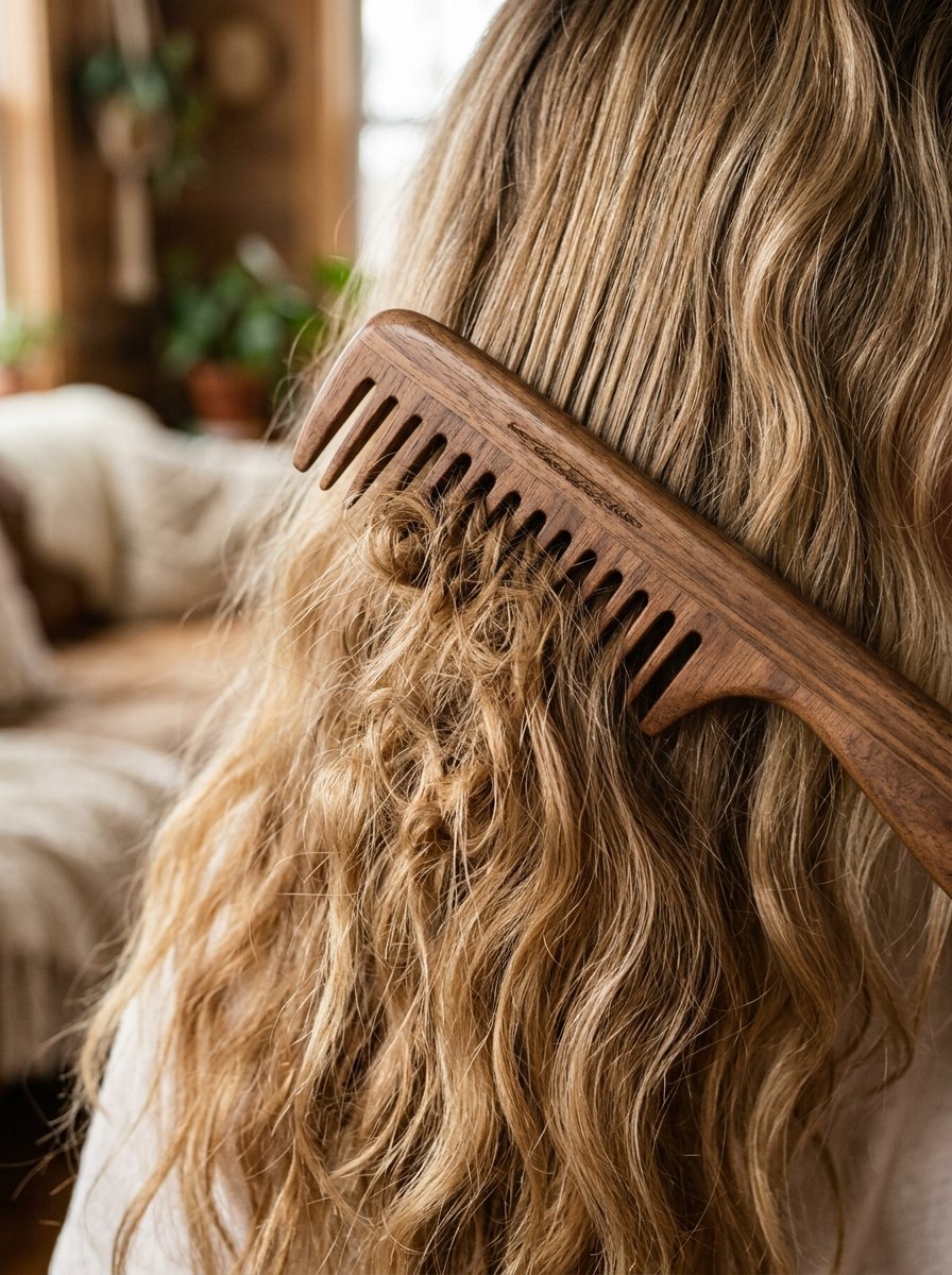 Close-up of a brown wooden comb brushing through long, textured wavy blonde hair.