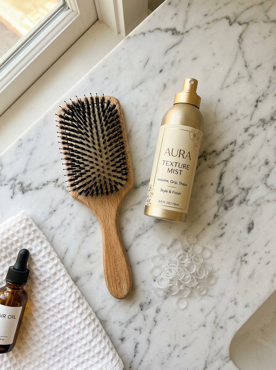 A wooden hairbrush, Aura texture mist bottle, and small clear elastic bands placed on a marble bathroom vanity.