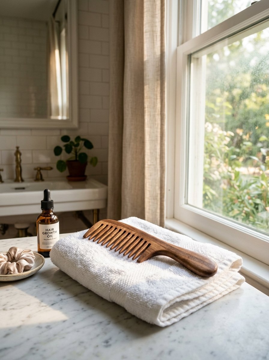 A wooden hair comb sits on a folded white towel next to a dropper bottle of hair growth oil by a sunny window.