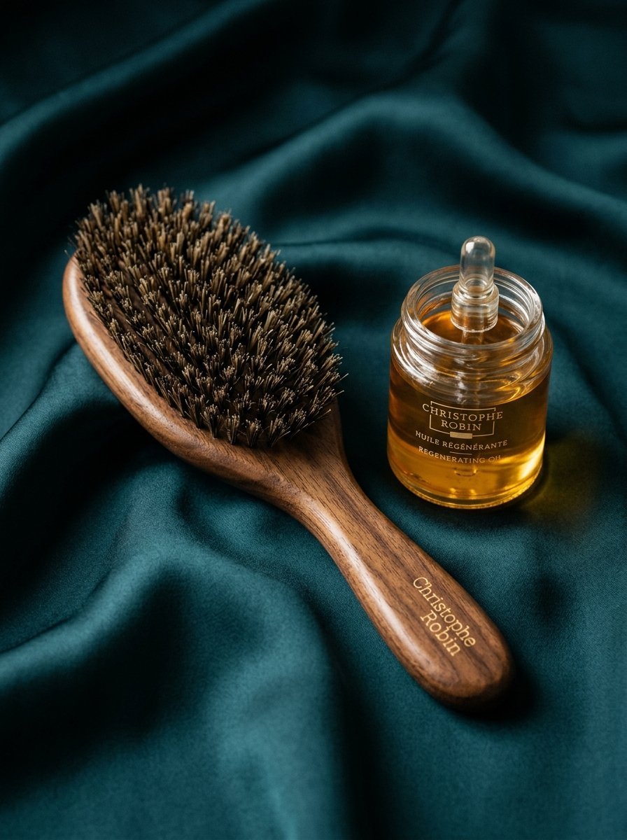 A wooden hairbrush next to a small glass bottle of golden hair oil placed on teal satin fabric.