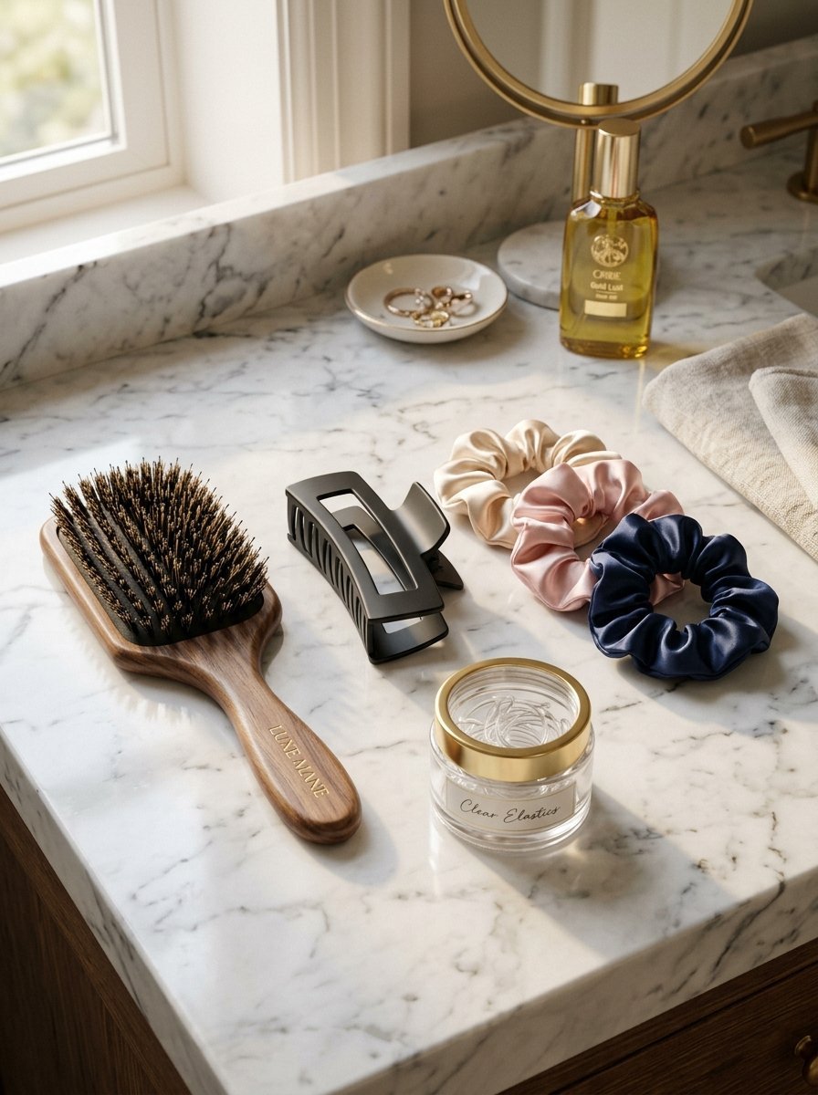 A wooden hairbrush, matte black claw clip, satin scrunchies, and a jar of clear elastics on marble countertop.