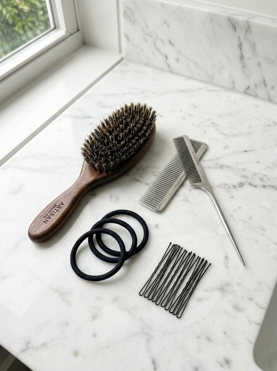 A wooden hairbrush, two metal styling combs, black elastic hair ties, and bobby pins on a white marble surface.
