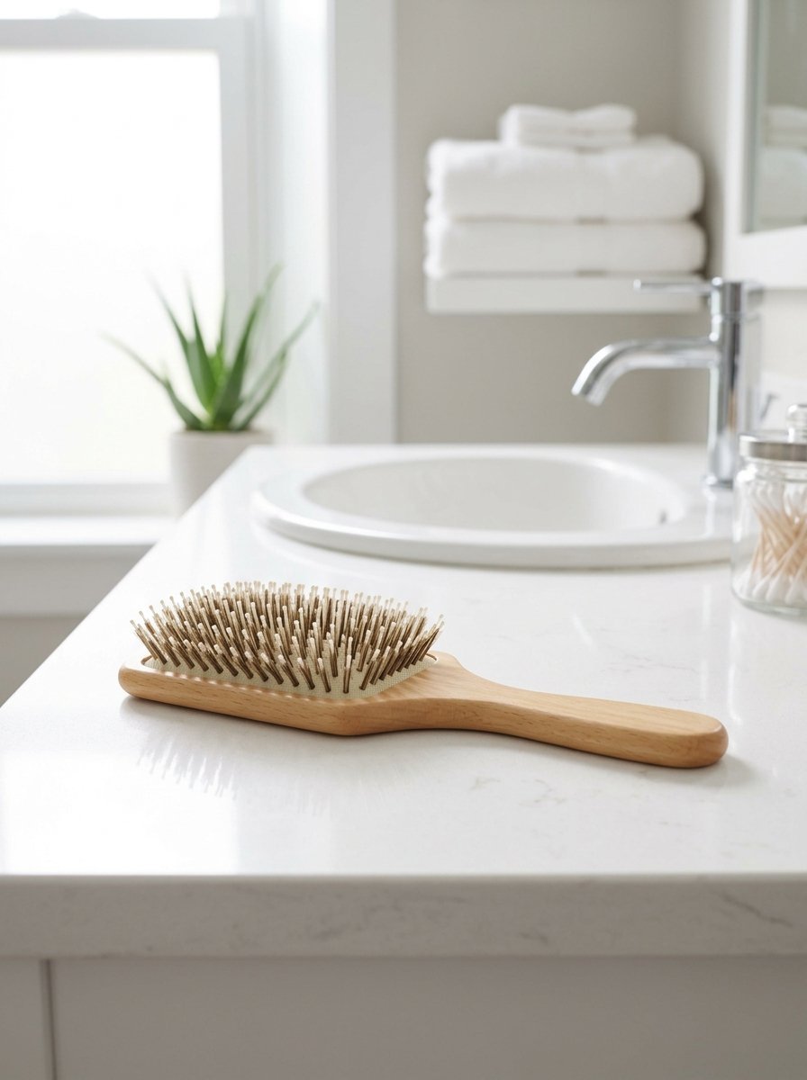 A wooden hairbrush with synthetic bristles lies on a white marble sink countertop near a small potted plant.