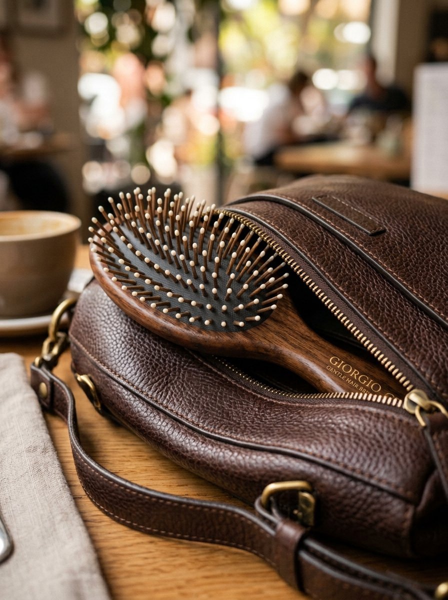 Close up of a Giorgio branded wooden paddle brush tucked inside a brown pebbled leather crossbody bag on a cafe table.