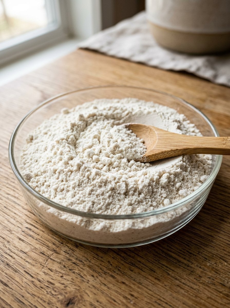 Close up of a clear glass dish filled with sifted flour and a bamboo spoon on a wooden kitchen counter.