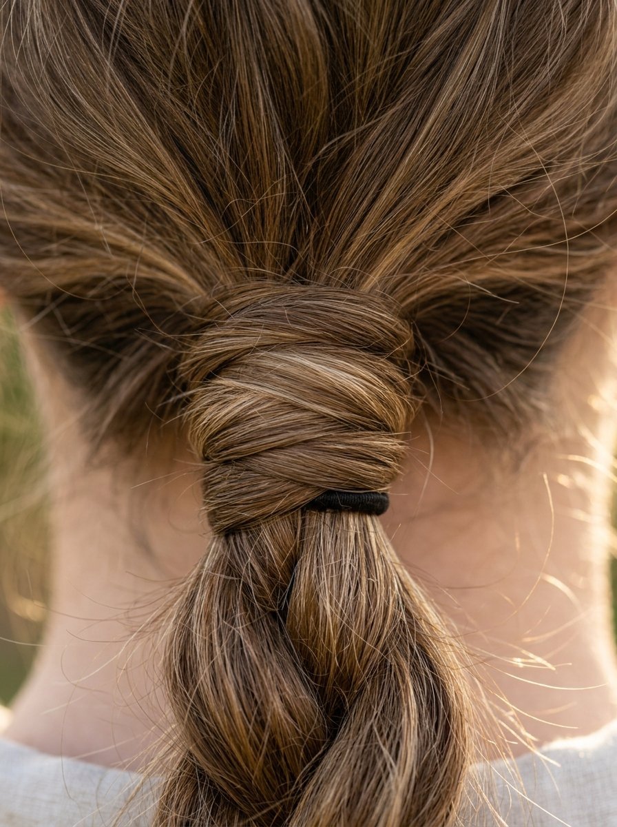 Close up of long light brown hair tied into a low ponytail with a strand wrapped around the elastic band.