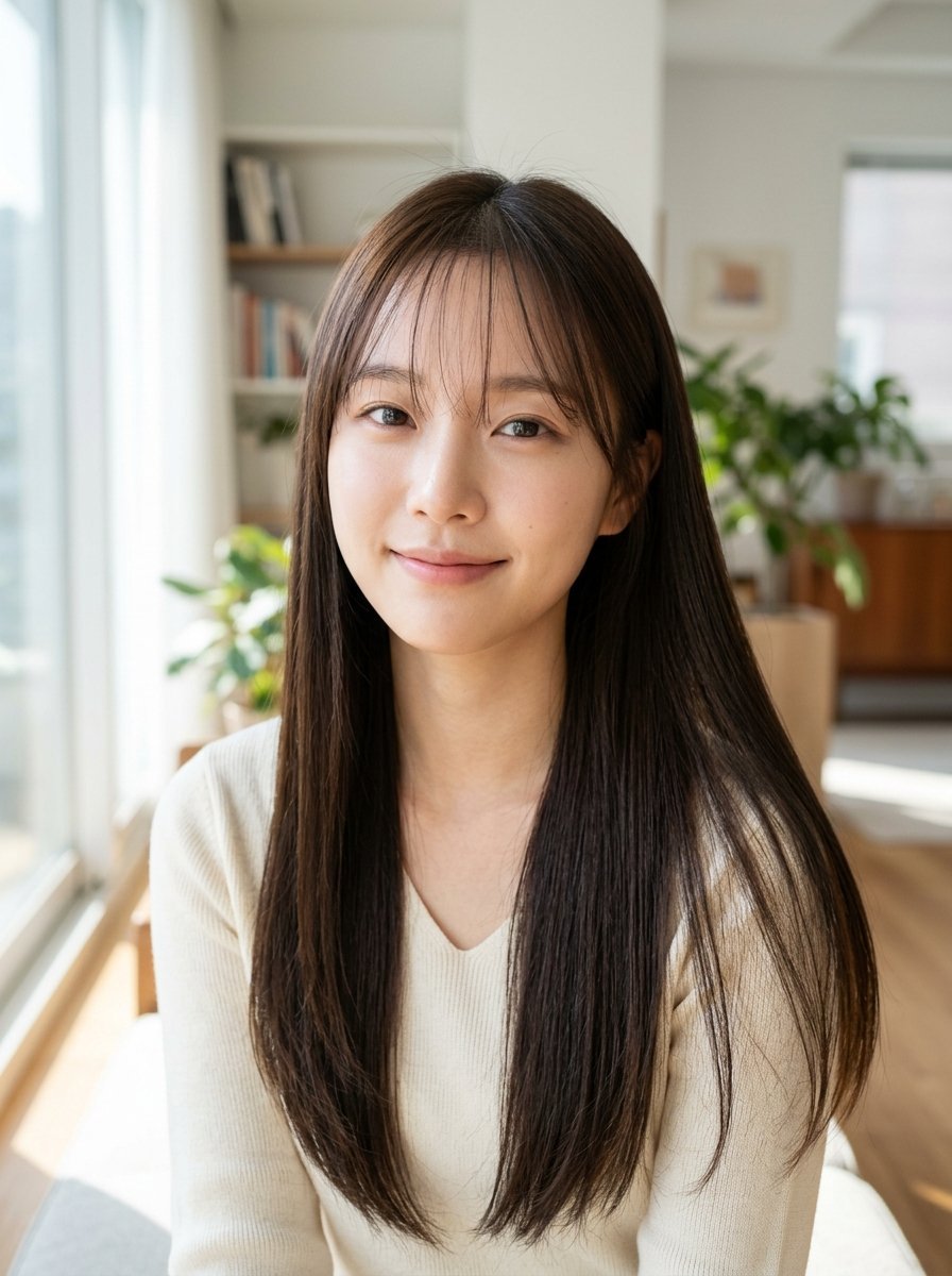 Portrait of a smiling young woman with bangs wearing a beige v-neck sweater in a sunlit living room.