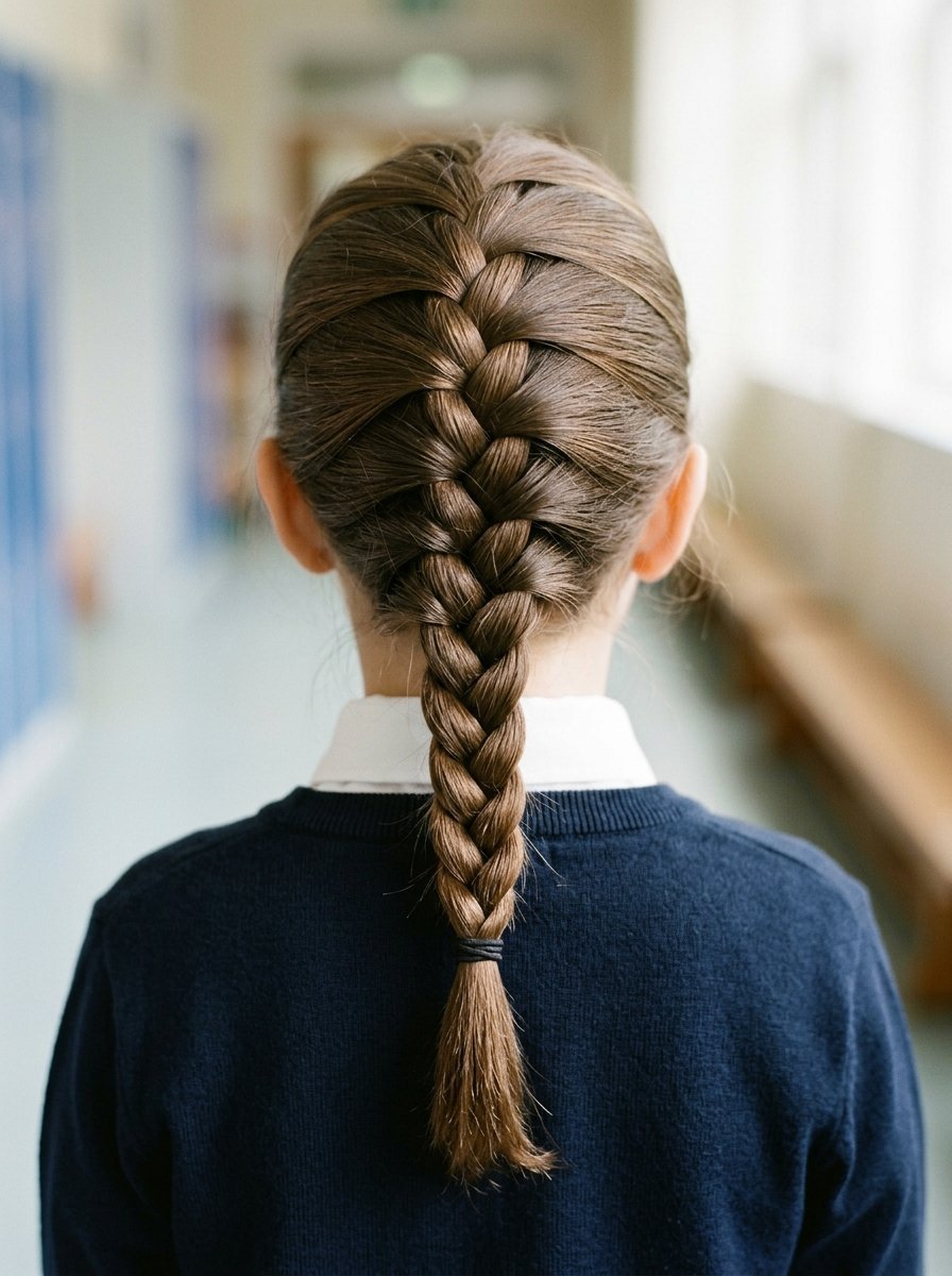 Close-up back view of a student with brown hair styled in a tidy French braid wearing a navy blue sweater.