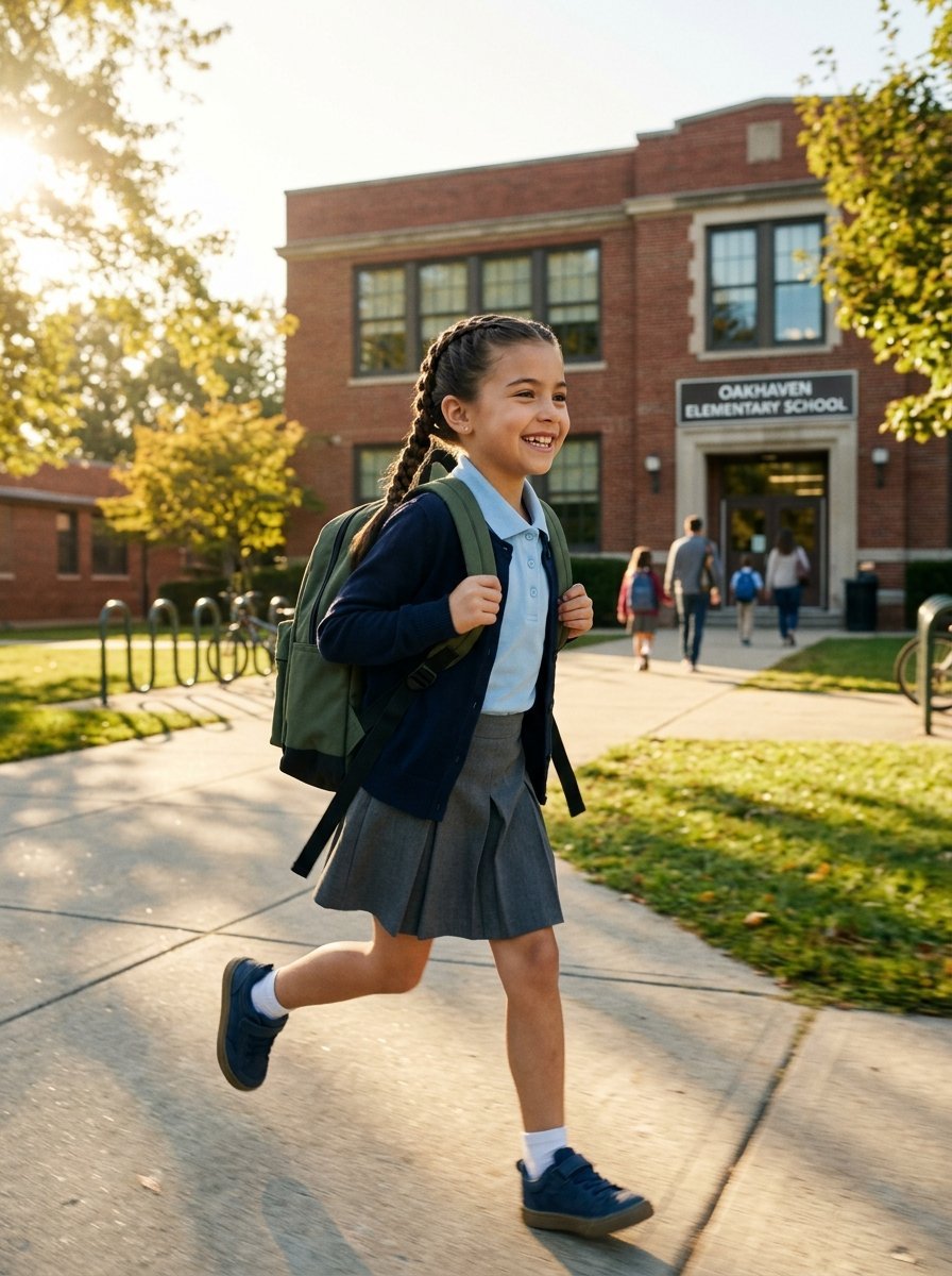 Young girl with braided hair and a green backpack running on a sidewalk in front of Oakhaven Elementary School.