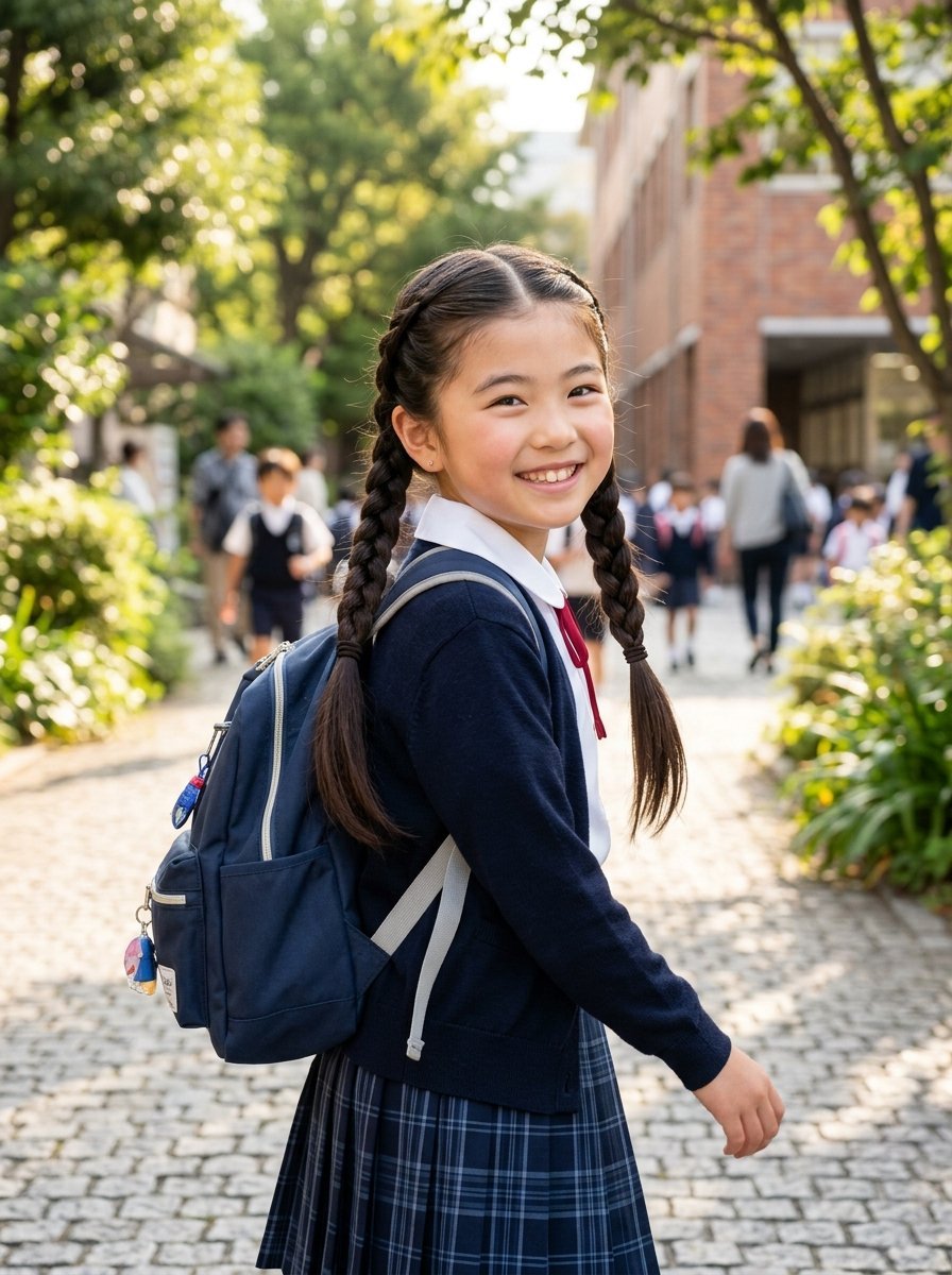 A girl with braided hair and a blue school uniform walking on a stone path near a brick building.
