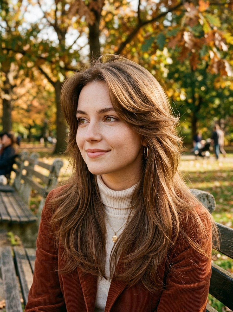 Portrait of a brown-haired woman in a corduroy jacket and turtleneck sitting outdoors during autumn.