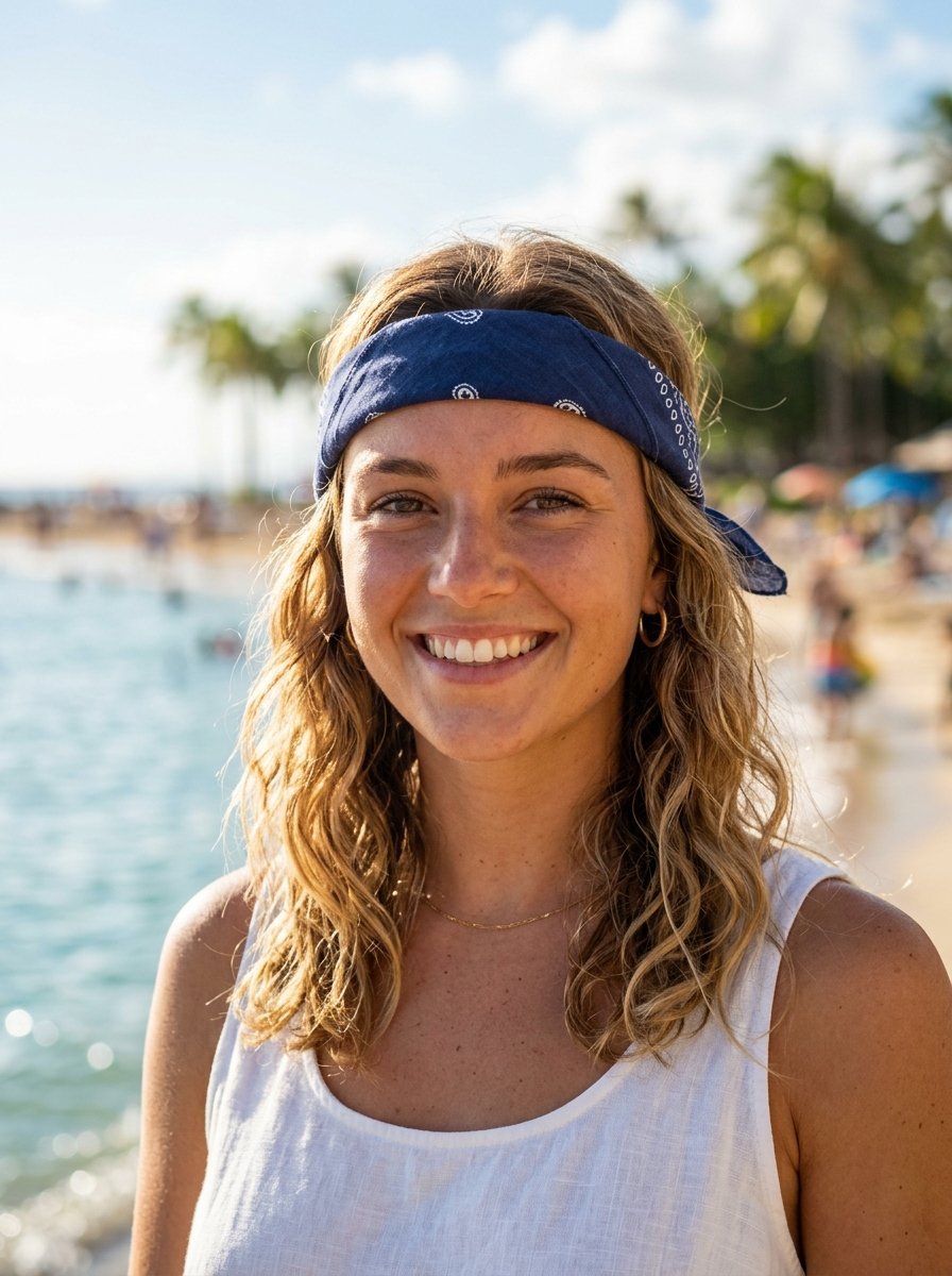Close-up portrait of a blonde woman with a blue patterned headband standing on a sunny coastline.