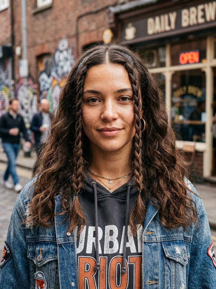 Portrait of a woman wearing a denim jacket and grey hoodie with two small braids framing her face.