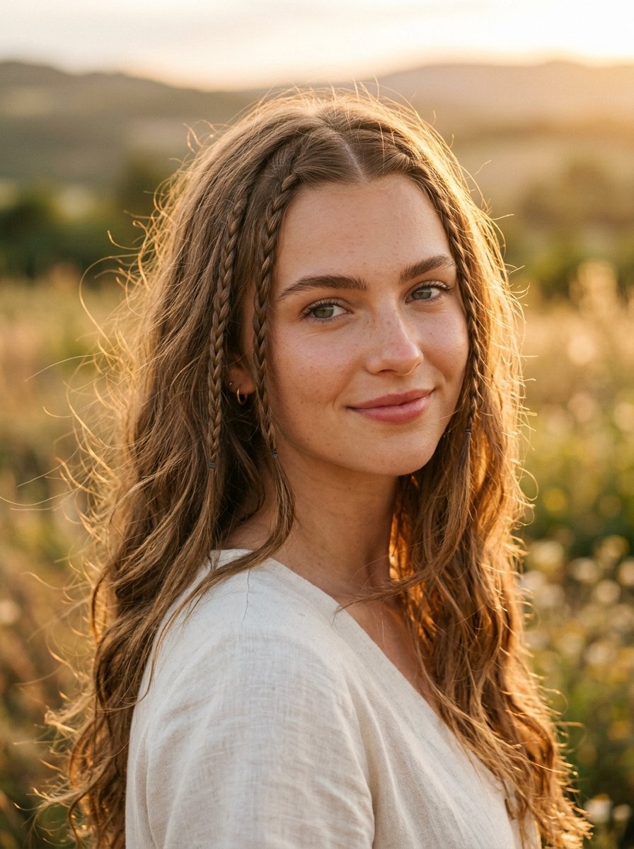 Close-up portrait of a woman with small braids in her long hair posing against a sunset field.