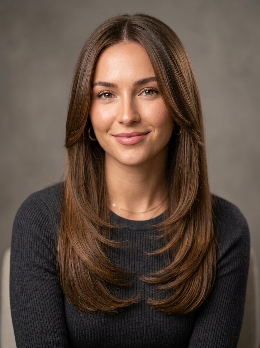 Portrait of a smiling woman with long brown layered hair wearing a grey ribbed shirt against a studio backdrop.