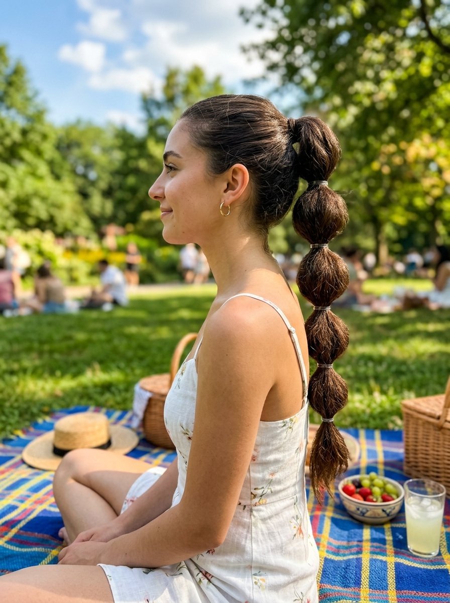 Side profile of a woman wearing a bubble ponytail hairstyle, sitting on a blue plaid blanket in a sunny park.
