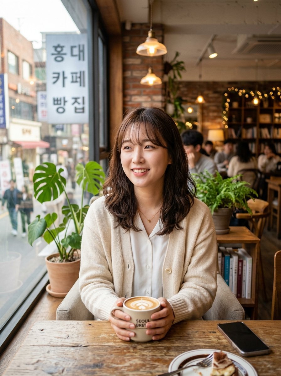 A smiling woman in a beige cardigan holds a coffee mug at a wooden table inside a cafe with a window view.