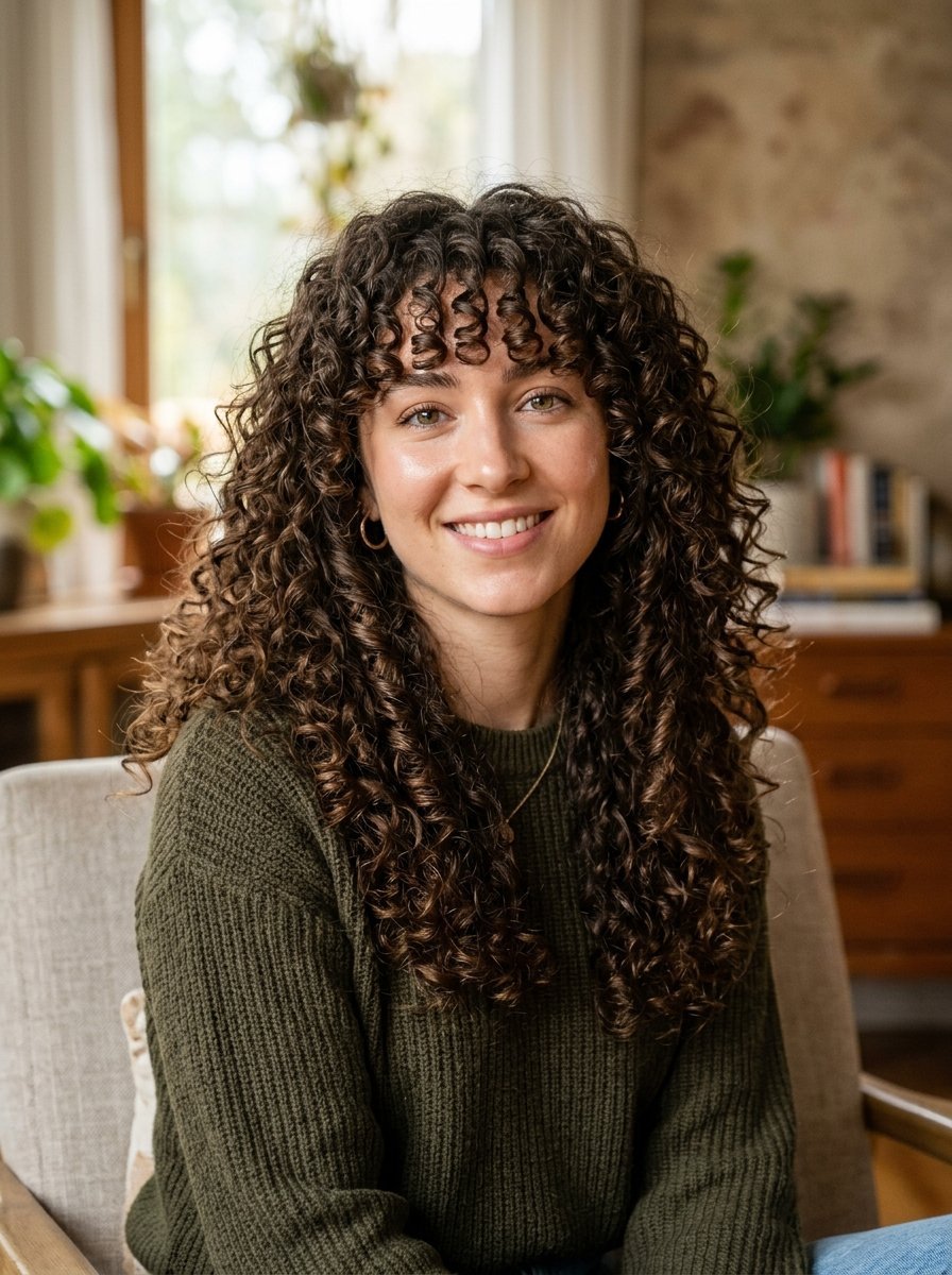 Close up of a happy person with voluminous brown curly hair and bangs wearing a dark green sweater.