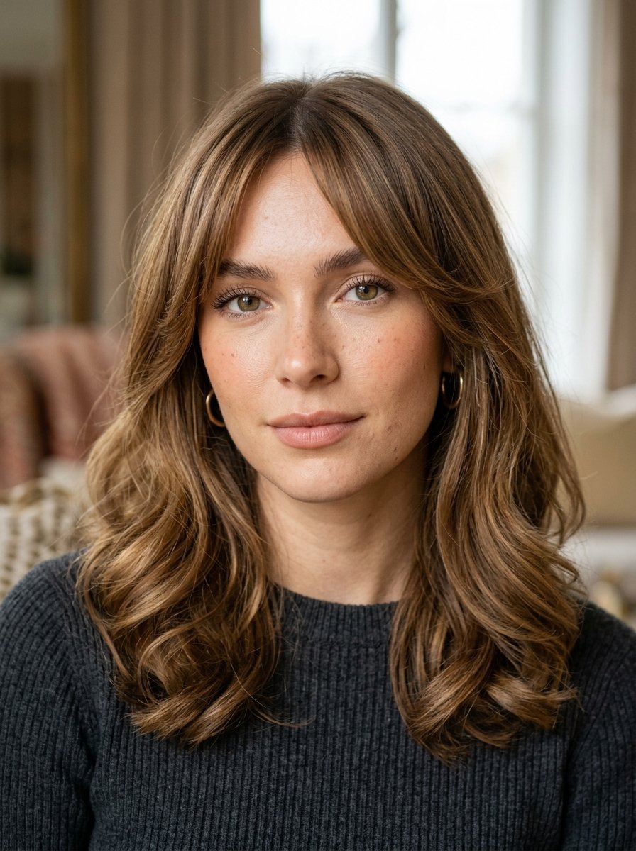 Close-up of a woman with long wavy brown hair and curtain bangs looking at the camera wearing a charcoal sweater.