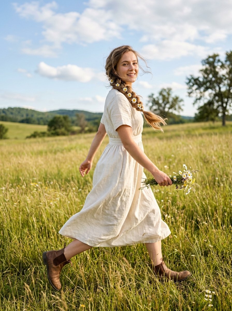 Young woman with flowers in her braided hair walking through a grassy field holding a small wildflower bouquet.
