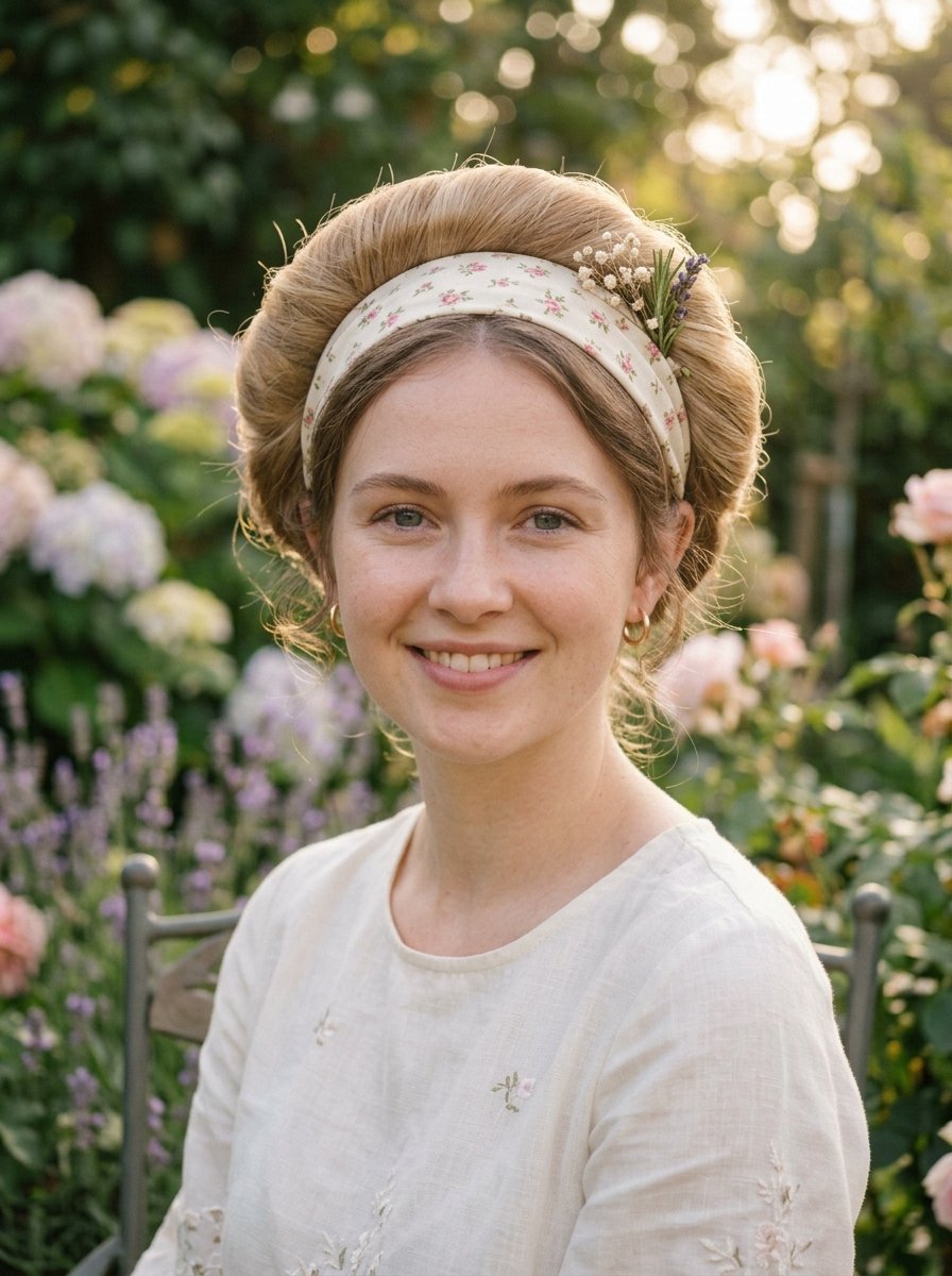 Close-up portrait of a woman in a garden wearing a cream floral print headband with small dried flowers tucked in.
