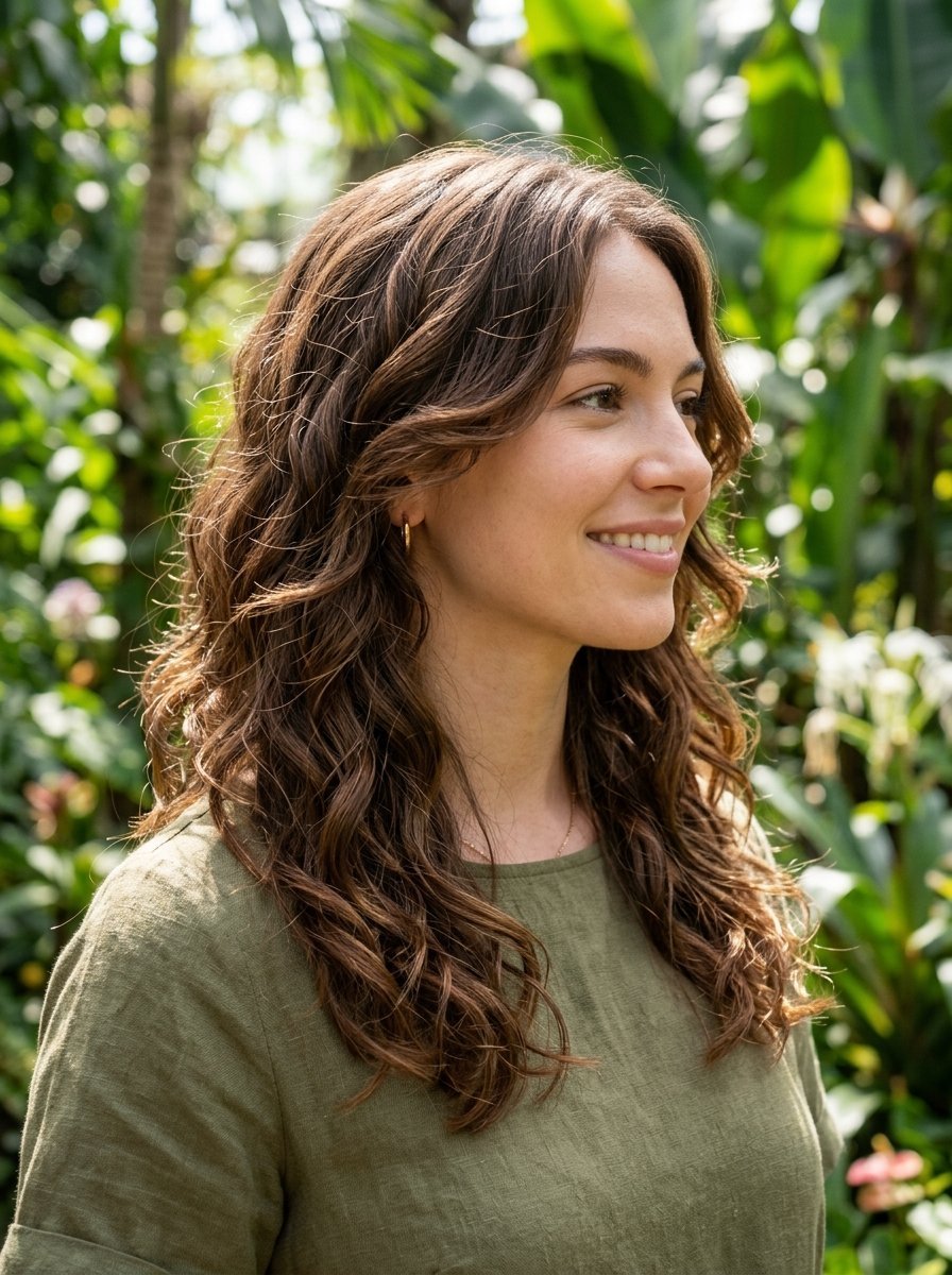 Profile view of a woman with long wavy brown hair wearing an olive green shirt in a lush garden setting.