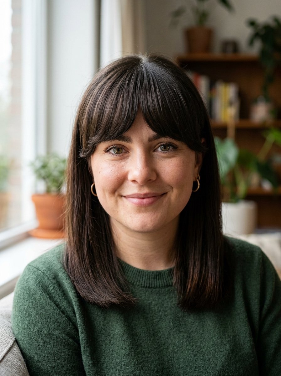 Portrait of a friendly woman with bangs wearing a forest green knit top in a brightly lit room.