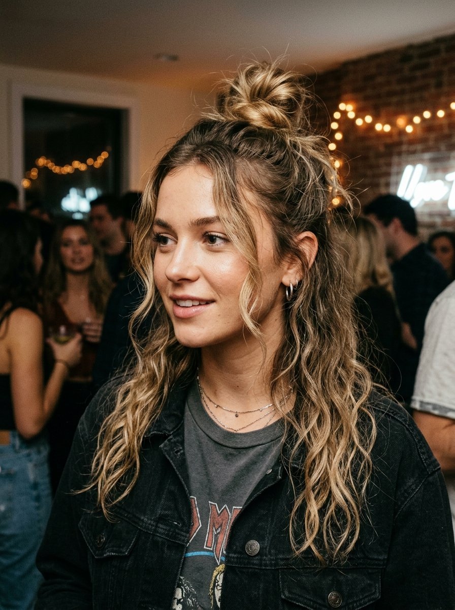 Close-up of a blonde woman wearing a black denim jacket at a party with a half-up bun hairstyle.