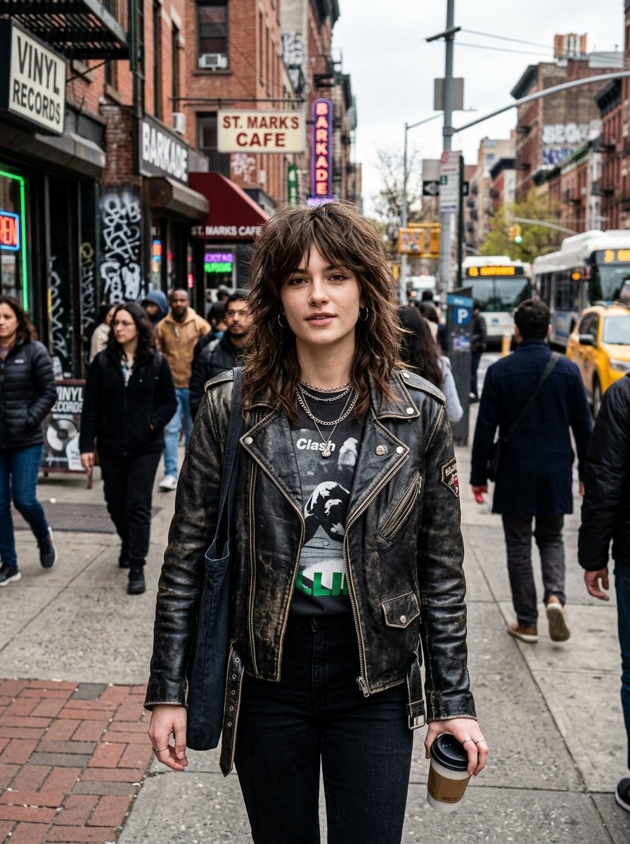 A woman wearing a distressed leather jacket and band t-shirt stands on a crowded New York sidewalk.
