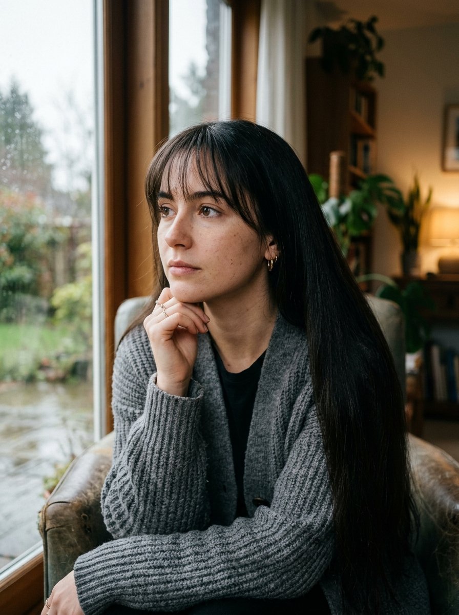A woman with long dark hair and bangs resting her chin on her hand while gazing out of a large window.