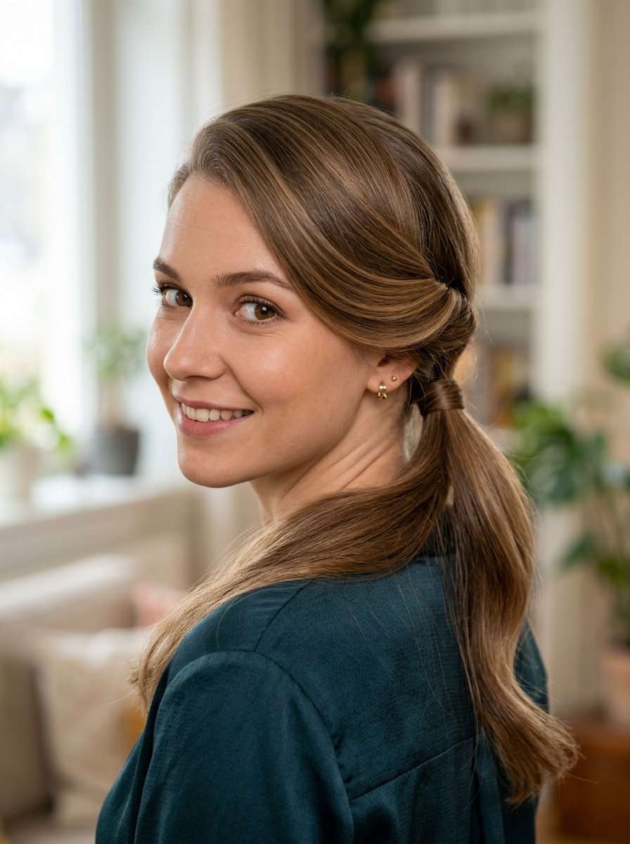 Portrait of a smiling woman looking over her shoulder with hair tied back in a neat low ponytail.
