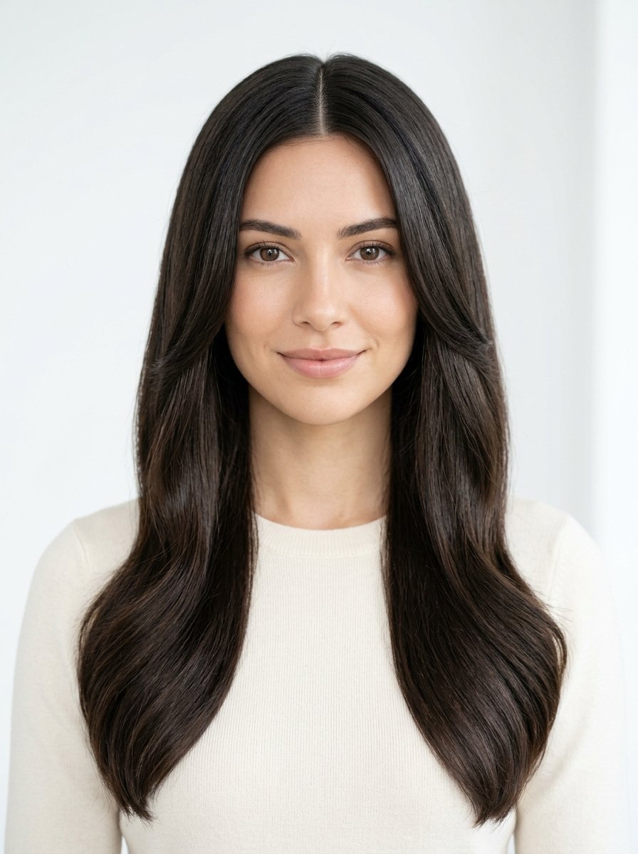 A close-up headshot of a brunette woman wearing a cream sweater against a plain white studio background.