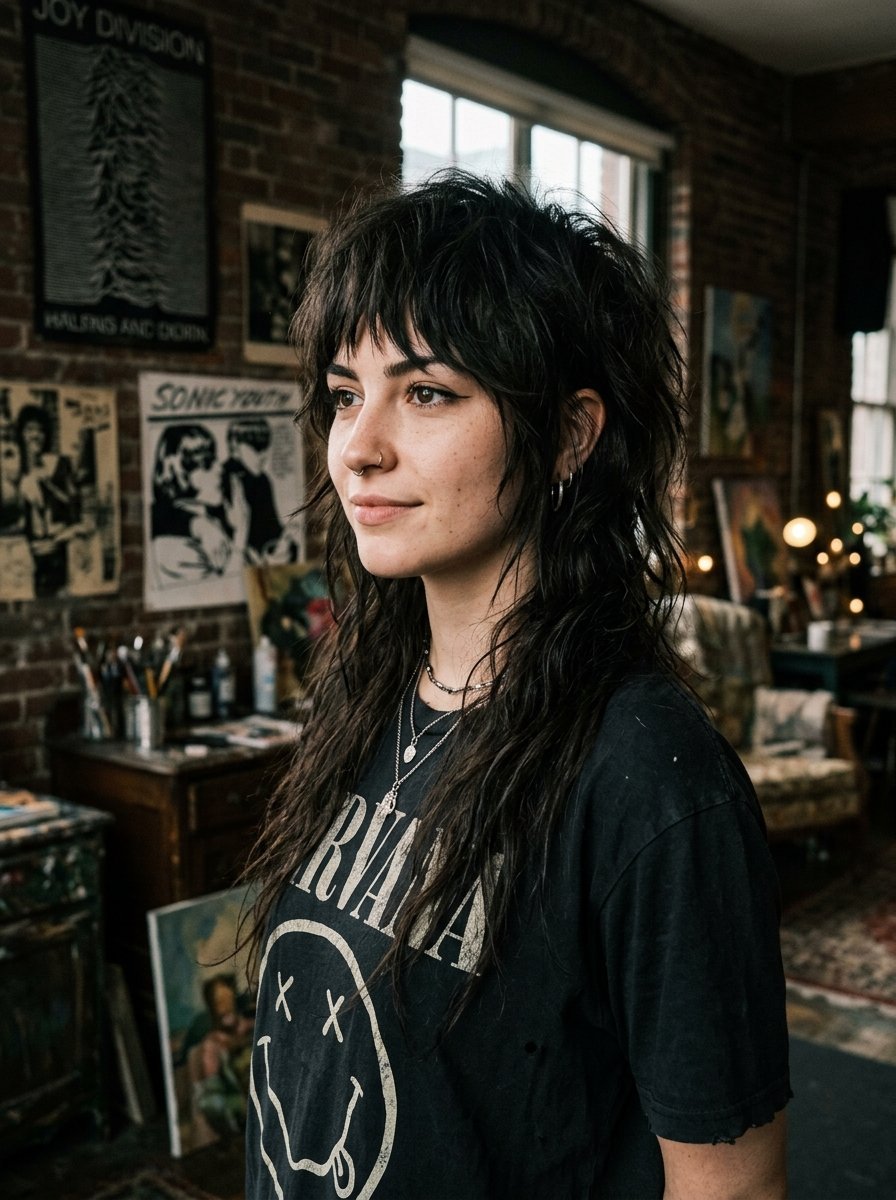 Portrait of a woman with layered dark hair and a nose ring posing in an art studio with vintage rock posters.