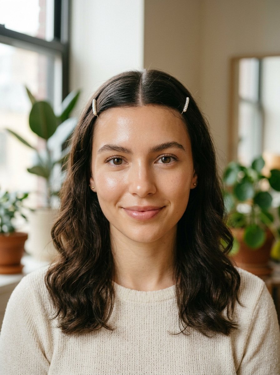 Close-up portrait of a woman with glowing skin and small pearl hair barrettes in her wavy dark brown hair.